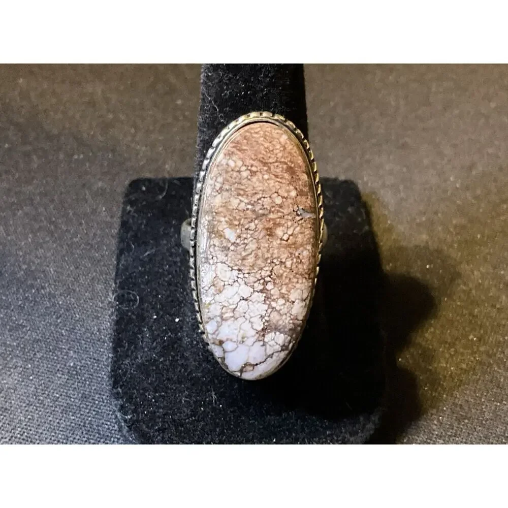 925 Sterling Silver Navajo Wild Horse Manesite Large Oval Ring Size 7